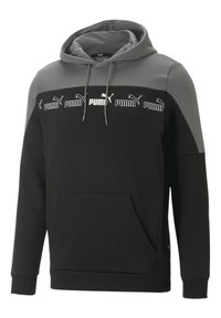 Felpa con cappuccio nera e grigia realizzata in tessuto morbido, dotata di tasca a marsupio, cappuccio con cordino e logo ripetuto sul petto.