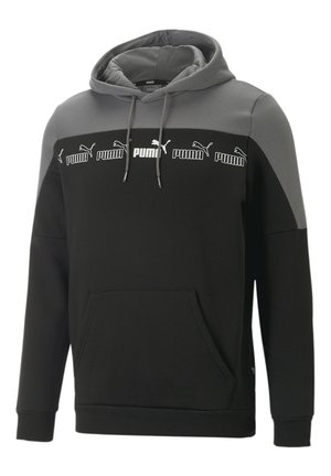 Felpa con cappuccio nera e grigia realizzata in tessuto morbido, dotata di tasca a marsupio, cappuccio con cordino e logo ripetuto sul petto.
