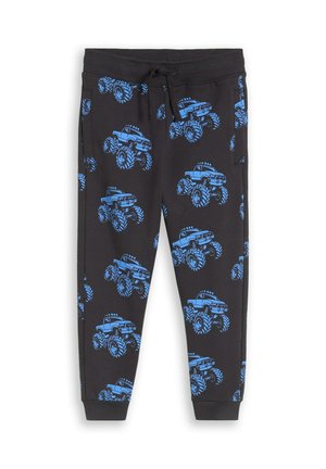 Schwarze Jogginghose für Kinder mit blauem Monstertruck-Motiv, elastischem Bund mit Kordelzug, Seitentaschen und Bündchen an den Knöcheln.