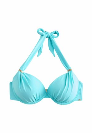 Light blue padded bikini top with halter neck tie and gold-tone ring details on straps and front center.