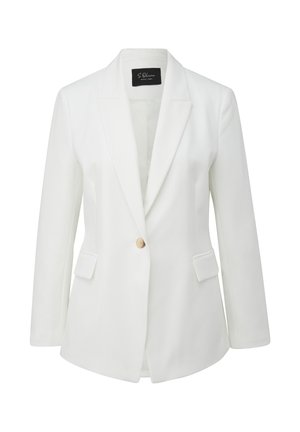 Blazer blanc à un bouton avec revers crantés, manches longues, deux poches avant à rabat et une étiquette intérieure noire.