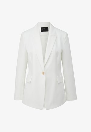 Blazer blanc à un bouton avec revers crantés, manches longues, deux poches avant à rabat et une étiquette intérieure noire.