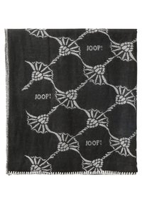 Écharpe noire avec un motif floral blanc et une marque "JOOP!", présentant une finition texturée et des bords frangés.