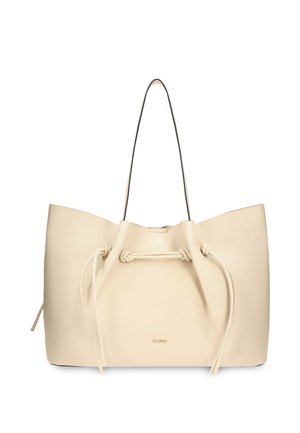 Sac fourre-tout en cuir couleur crème avec fines bretelles et un cordon à l'avant avec des nœuds.