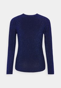 Marineblaues Langarmoberteil mit schimmernder Textur, das über einen runden Ausschnitt und eine figurbetonte Silhouette verfügt. Keine sichtbaren Beschläge oder Akzente.