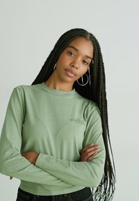 Μακρυμάνικη, ανοιχτό πράσινη βαμβακερή μπλούζα με στρογγυλή λαιμόκοψη και ελαφριά ραφή, συμπεριλαμβάνοντας ένα μικρό εκτυπωμένο λογότυπο στο στήθος.