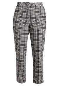 Harmaita ja mustia ruudullisia housuja, joissa on räätälöity malli, sileä kangas, keskikorkea vyötärö ja kapenevat lahkeet.