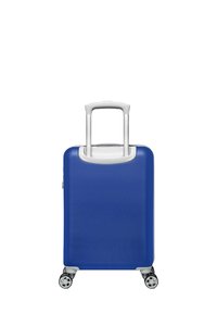 Blauwe harde koffer met een gestructureerd oppervlak, uitschuifbare zilveren handgreep, vier zwarte spinnerwielen en een vormgegeven top handvat.