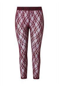 Bordowe legginsy z koronki z kwiatowym wzorem, z czarnym elastycznym pasem. Materiał jest prześwitujący o delikatnej fakturze.