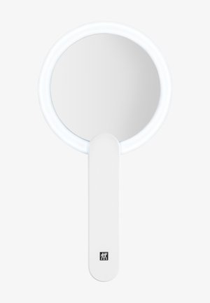 Miroir de poche rond avec cadre blanc et poignée, doté d'une lumière LED circulaire intégrée autour du bord du miroir.