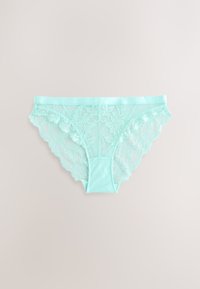 Mėtų žali spalvos nėriniai kelnaitės su gėlių raštu, pusiau permatomomis šoninėmis dalimis ir lygiu juosmeniu. Banguotos krašteliai suteikia detalių.