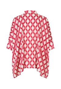 Röd och vit mönstrad kimono med en geometrisk diamantdesign, lätt tyg, lös passform och ståkrage.