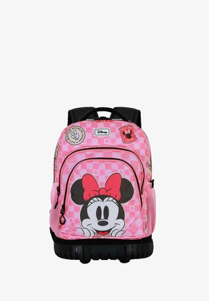 Roze rugzak met een grafische afbeelding van Minnie Mouse, een dambordpatroon en zwarte accenten. Inclusief patches en mesh zijvakken voor opslag.