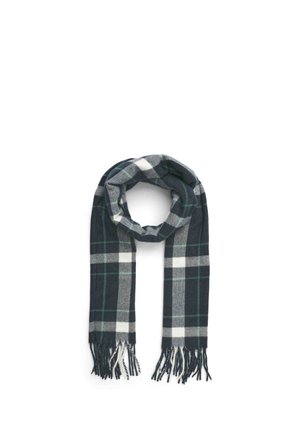 Sciarpa a quadri con colori blu navy scuro, verde e bianco, realizzata in tessuto morbido con bordi frangiati e forma rettangolare allungata.