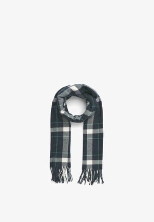 Sciarpa a quadri con colori blu navy scuro, verde e bianco, realizzata in tessuto morbido con bordi frangiati e forma rettangolare allungata.