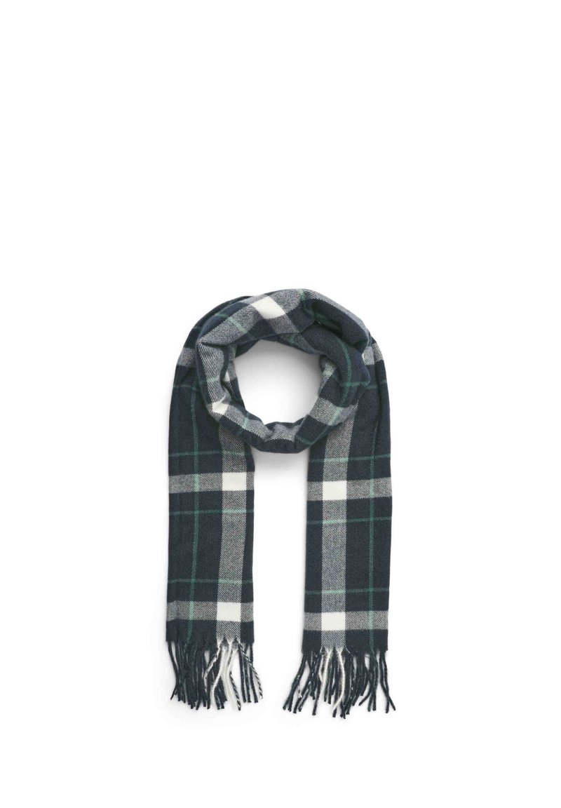 Sciarpa a quadri in tessuto morbido nei colori blu navy, verde e bianco. Presenta bordi sfrangiati e un design ad anello per calore e comfort.