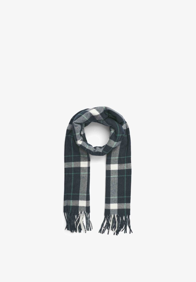 Sciarpa a quadri in tessuto morbido nei colori blu navy, verde e bianco. Presenta bordi sfrangiati e un design ad anello per calore e comfort.