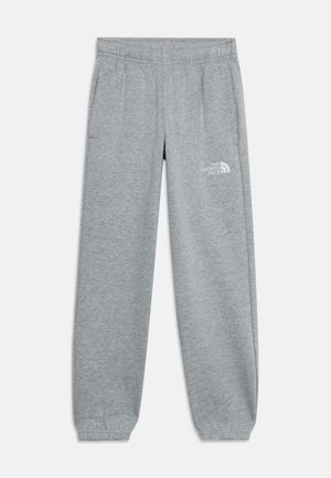 Pantalones deportivos grises con cintura y puños elásticos, bolsillos laterales y el logo de The North Face en la parte superior del muslo izquierdo.