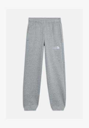 Sivé tepláky s elastickým pásom a manžetami, bočnými vreckami a logom The North Face na hornej ľavej stehne.