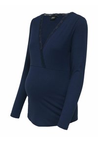 Blusa de maternidad de manga larga en azul marino con textura acanalada, escote en V y detalle de encaje. Diseño ajustado para mayor comodidad.