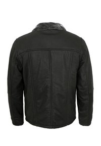 Schwarze Lederjacke mit einem grauen Kunstpelzkragen. Verfügt über ein strukturiertes Design, sichtbare Nähte und eine glatte Textur.