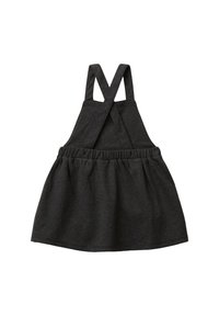 Salopette en tweed gris foncé avec des bretelles croisées larges et une taille froncée, conçue pour un enfant.