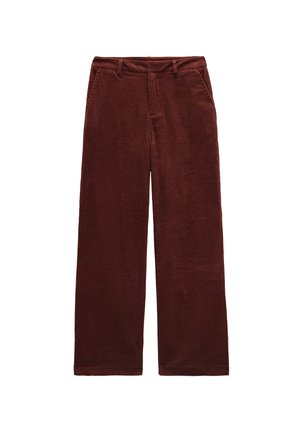 Szerokie, koronkowe spodnie w głębokim odcieniu rdzawym. Posiadają kieszenie z przodu, teksturowany materiał oraz gładką talię.
