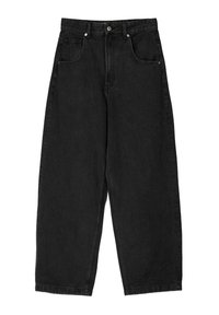 Högmidjade svarta vida denimjeans med frampocket, bältesöglor och knäppning i midjan.