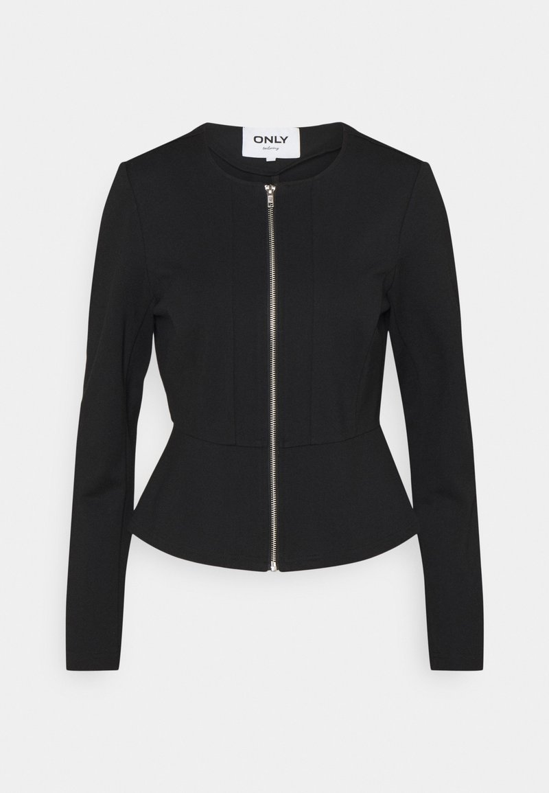 Veste noire cintrée à manches longues avec fermeture éclair argentée sur le devant et taille légèrement évasée, avec un col rond et une étiquette à l’intérieur du col.