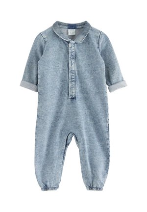 Lyseblå babyheldragt med lange ærmer, krave, knaplukning, manchetærmer og elastiske ankler.