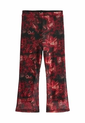 Leggings a campana con un motivo floreale rosso e accenti scuri, realizzati in tessuto elasticizzato. Caratterizzati da una vita elastica e una silhouette aderente.