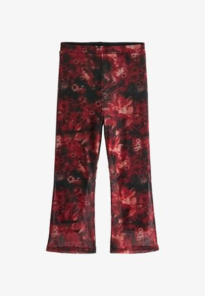 Piros virágmintás, sötét árnyalatokkal díszített harangszárú leggings, rugalmas anyagból. Rugalmas derékpánttal és testhezálló szilhuettel rendelkezik.