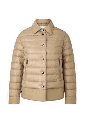 Beige puffer jacket with a collared neck, horizontal quilted design, black front buttons, and zippered side pockets. Soft, smooth texture.