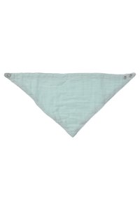 Hellblaues, dreieckiges Bandana aus weichem, strukturiertem Stoff mit zwei Metallschnallen an den oberen Ecken zum Befestigen.