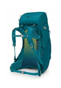 Teal wandelrugzak met een gevoerde mesh rugsteun, verstelbare banden en meerdere hardwareclips voor het bevestigen van uitrusting.