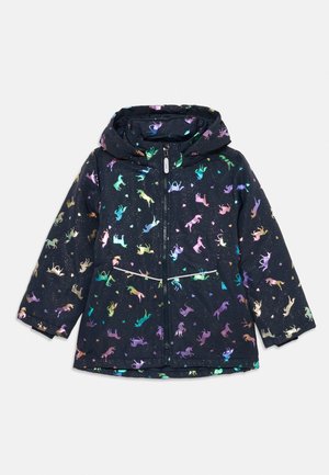 Chaqueta oscura con capucha para niños, con cremallera completa en la parte delantera, decorada con patrones coloridos de unicornios y corazones.
