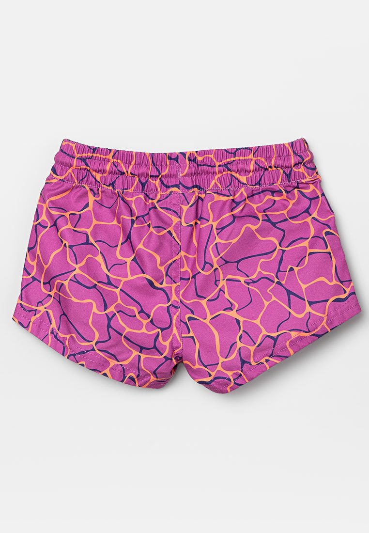 Rosa badshorts med ett färgglatt abstrakt mönster i orange och marinblått. Har en elastisk midja med rynkdetaljer.