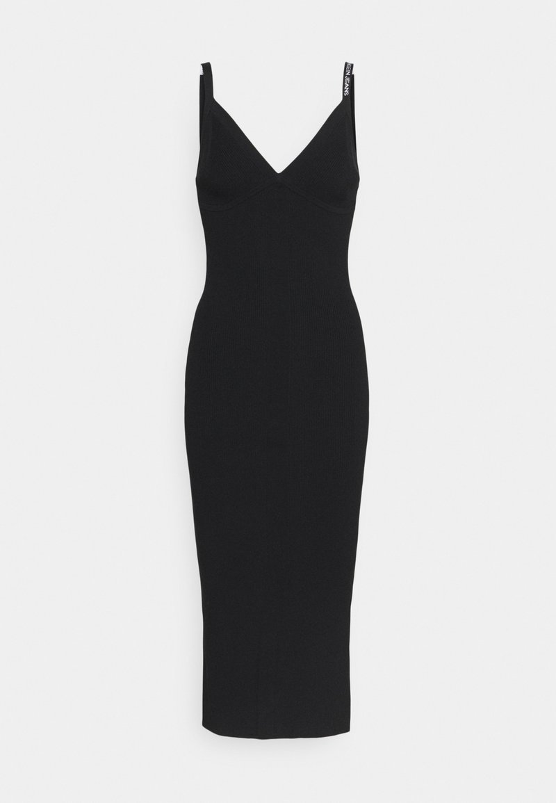 Robe midi noire côtelée avec un décolleté en V, des fines bretelles et un logo sur la bretelle gauche. Silhouette ajustée avec une texture lisse.