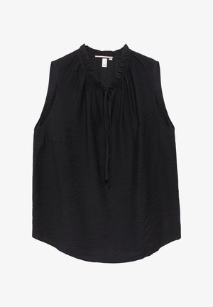 Blouse noire sans manches avec un col à volants et un détail de lien à l'avant, en tissu texturé.