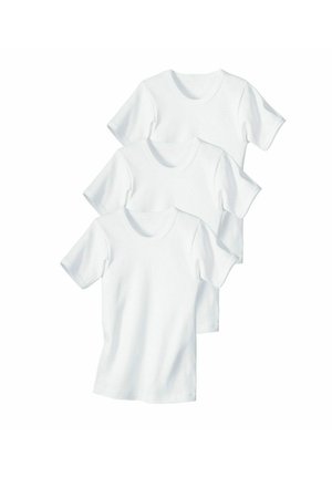 Three white cotton t-shirts, short-sleeved, featuring a round neckline and smooth texture, neatly stacked in a row.