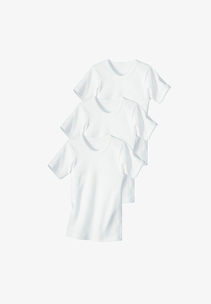 Three white cotton t-shirts, short-sleeved, featuring a round neckline and smooth texture, neatly stacked in a row.