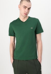 T-shirt verde in cotone a collo a V con maniche corte, dotata di un piccolo logo ricamato sul petto sinistro. Tessuto morbido, vestibilità classica.