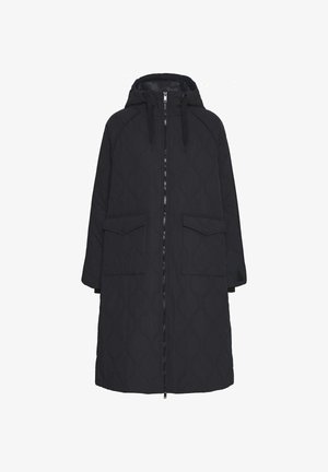 Czarna pikowana kurtka z kapturem, z zapięciem na zamek błyskawiczny, dwoma przednimi kieszeniami oraz teksturowanym wzorem fal. Długa, luźna forma.