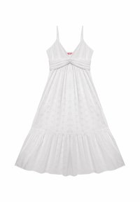 Rochie albă cu bretele ajustabile, având un bust plisat, o fustă evazată și un model floral cu eyelet pe întreaga suprafață.