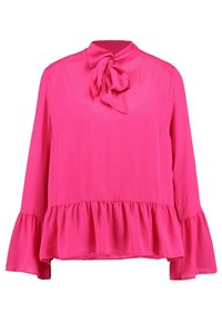 Blusa rosa realizzata in tessuto leggero con maniche lunghe, scollo con fiocco e orlo volants. Tessuto morbido con una vestibilità comoda.