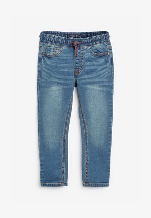 Džínové jogger nohavice s elastickým pásom a nastaviteľnou šnúrkou, s piatimi vreckami, svetlomodrým umývaním a kontrastným prešívaním.