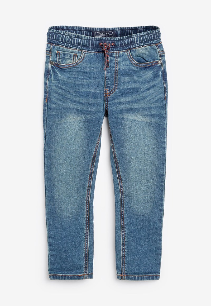 Pantaloni jogger din denim cu talie elastică și șnur ajustabil, având un design cu cinci buzunare, spălare de un albastru deschis și cusături contrastante.
