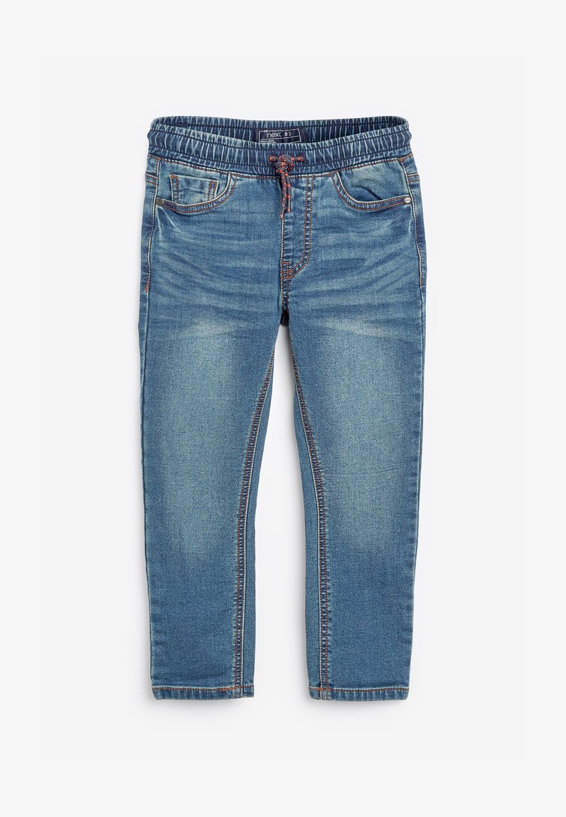 Pantaloni jogger din denim cu talie elastică și șnur ajustabil, având un design cu cinci buzunare, spălare de un albastru deschis și cusături contrastante.