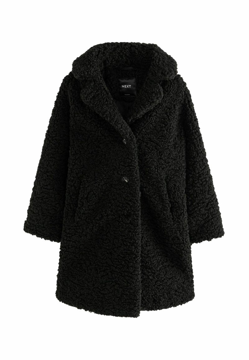 Palton teddy negru, pufos, cu guler decupat, închidere cu nasturi și buzunare laterale. Textură moale, cu o croială lejeră, relaxată.