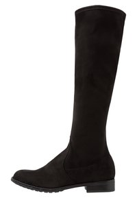 Czarne kozaki do kolan wykonane z miękkiej zamszowej skóry, z okrągłym czubkiem, płaskim obcasem i gładkim, bezszwowym designem. Teksturowana podeszwa zapewniająca przyczepność.